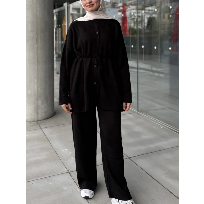 Düğmeli Kışlık Tesettür Triko Takım