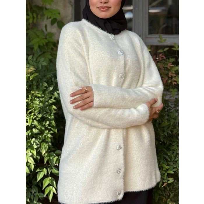 Kalp Düğmeli Hırka Yumuşacık Dokulu Peluş -Beyaz