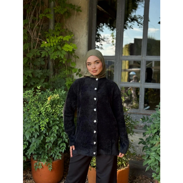 Kalp Düğmeli Hırka Yumuşacık Dokulu Peluş -Siyah