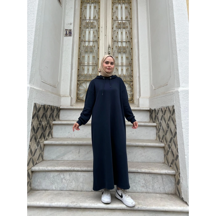 Kapüşonlu Kışlık 3 İplik Tesettür Elbise