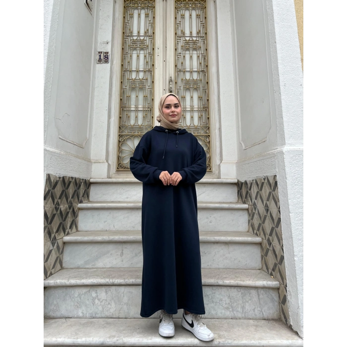 Kapüşonlu Kışlık 3 İplik Tesettür Elbise