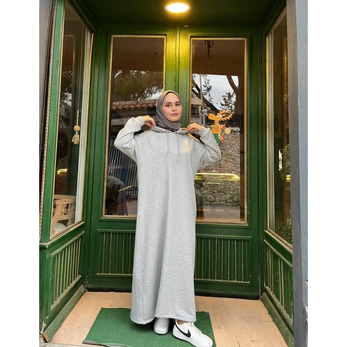Kapüşonlu Kışlık 3 İplik Tesettür Elbise Gri