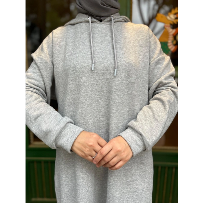 Kapüşonlu Kışlık 3 İplik Tesettür Elbise Gri