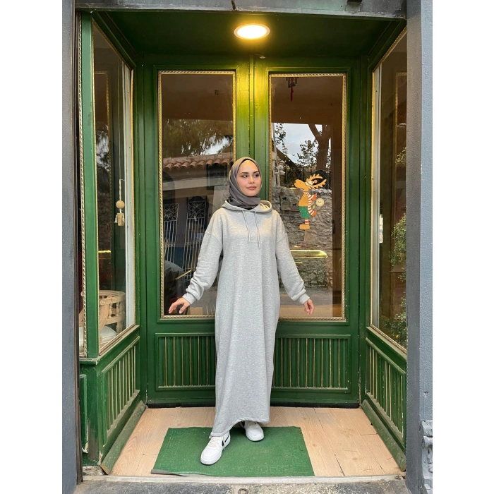 Kapüşonlu Kışlık 3 İplik Tesettür Elbise Gri