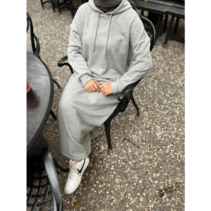 Kapüşonlu Kışlık 3 İplik Tesettür Elbise Gri