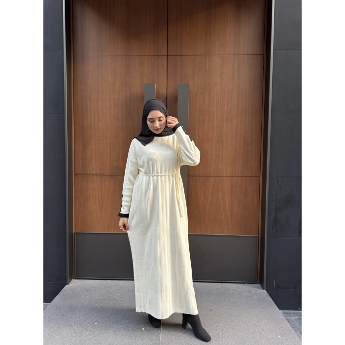 Şeritli Triko Kışlık Tesettür Elbise