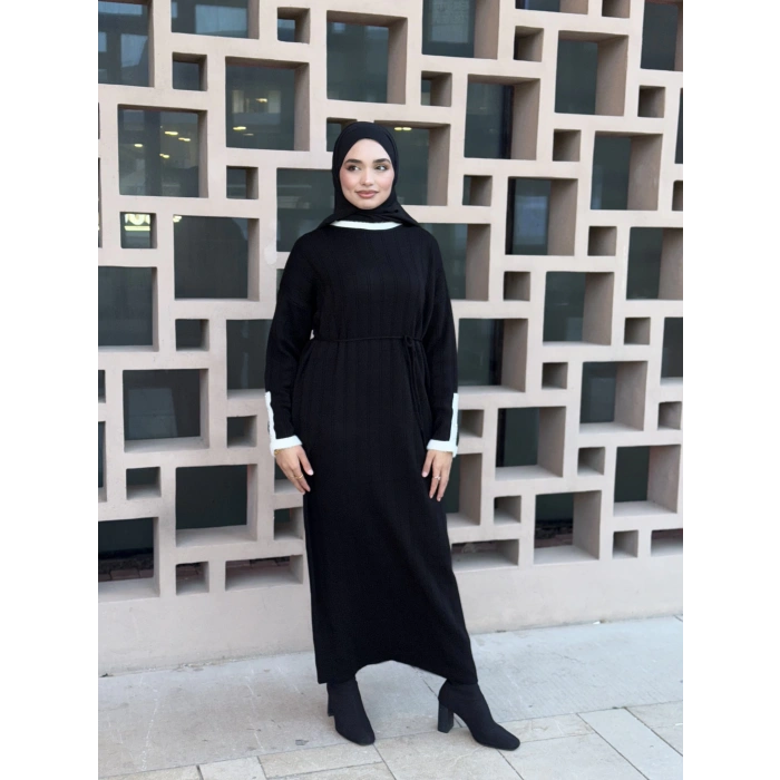 Şeritli Triko Kışlık Tesettür Elbise