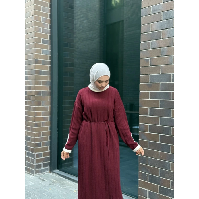 Şeritli Triko Kışlık Tesettür Elbise