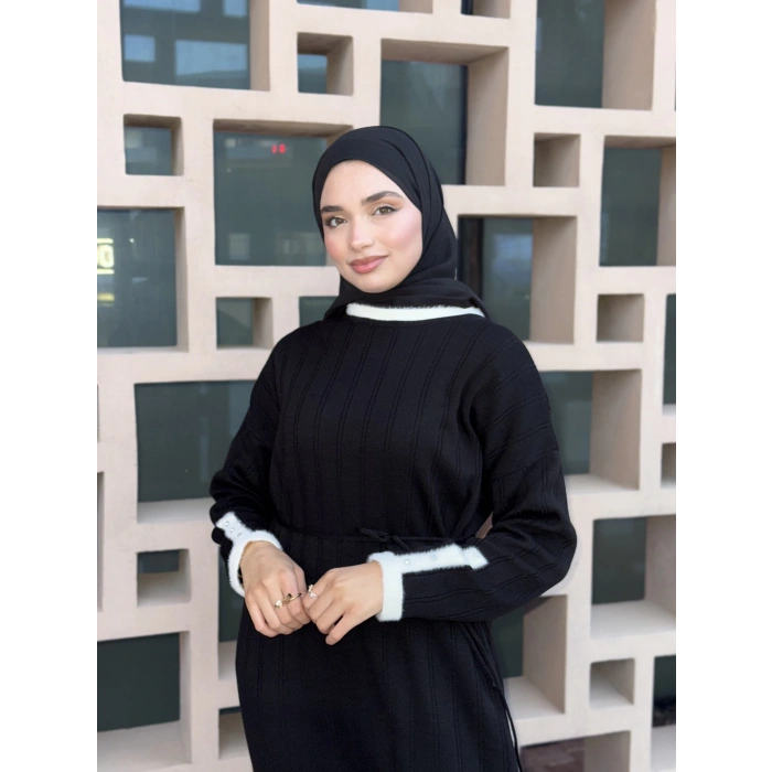 Şeritli Triko Kışlık Tesettür Elbise