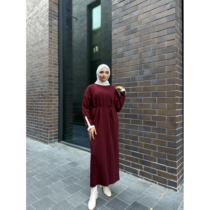 Şeritli Triko Kışlık Tesettür Elbise
