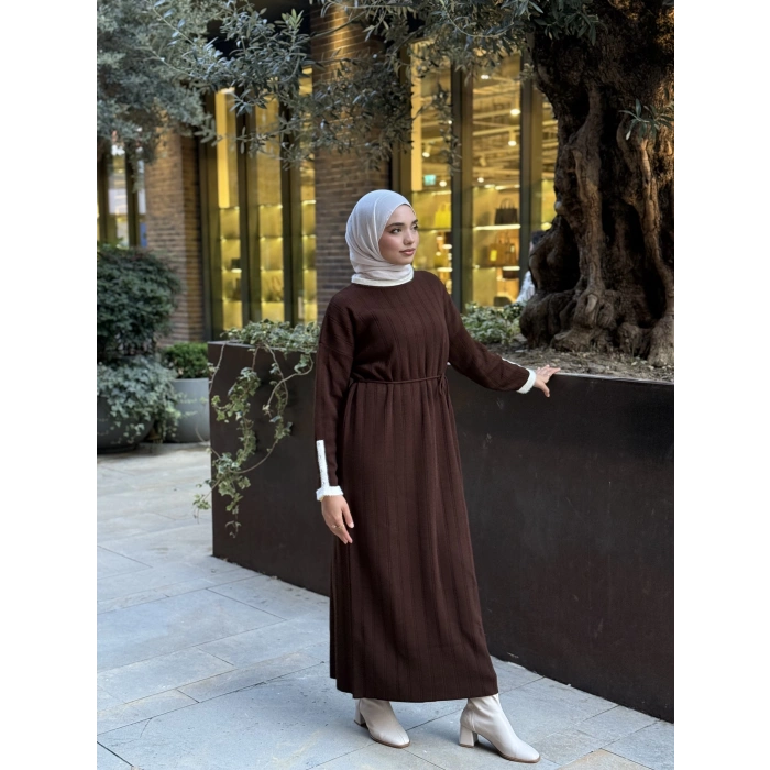 Şeritli Triko Kışlık Tesettür Elbise