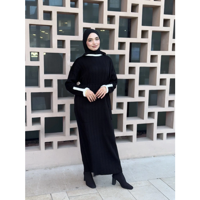 Şeritli Triko Kışlık Tesettür Elbise