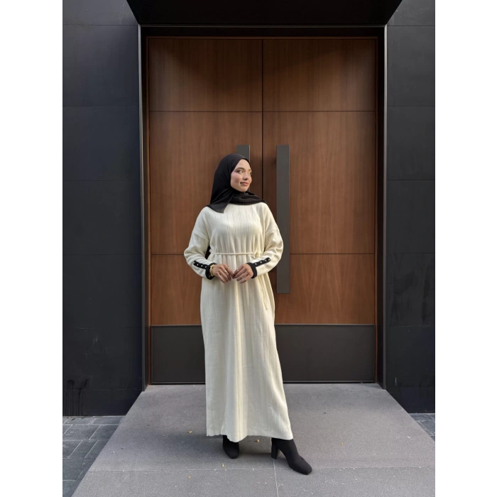 Şeritli Triko Kışlık Tesettür Elbise