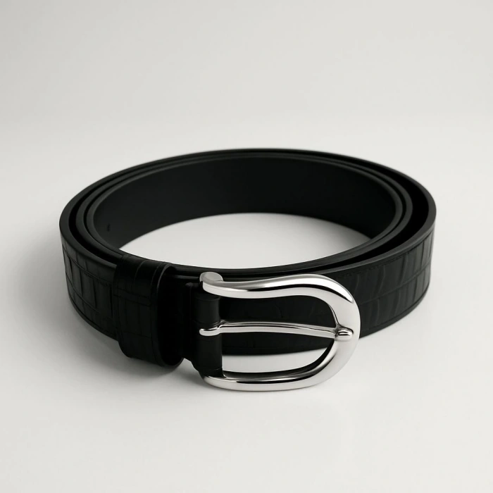 Siyah Gümüş Metal Tokalı Kemer