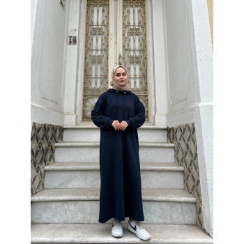Kapüşonlu Kışlık 3 İplik Tesettür Elbise