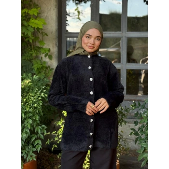 Kalp Düğmeli Hırka Yumuşacık Dokulu Peluş -Siyah