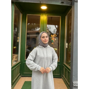 Kapüşonlu Kışlık 3 İplik Tesettür Elbise Gri