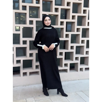 Şeritli Triko Kışlık Tesettür Elbise