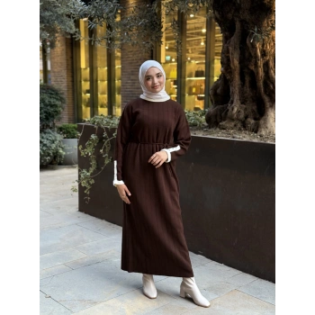 Şeritli Triko Kışlık Tesettür Elbise