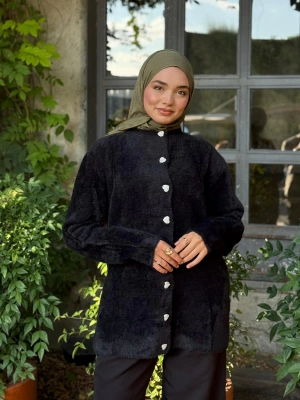 Kalp Düğmeli Hırka Yumuşacık Dokulu Peluş -Siyah