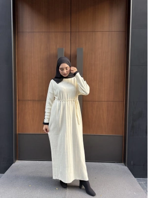 Şeritli Triko Kışlık Tesettür Elbise