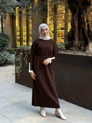 Şeritli Triko Kışlık Tesettür Elbise