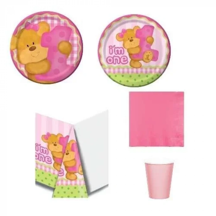 1 Yaş Pembe Ayıcık Parti Seti 8 Kişilik