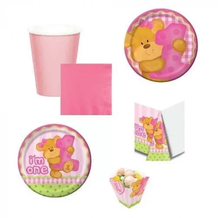 1 Yaş Pembe Ayıcık Parti Seti 8 Kişilik Mısır Kutulu