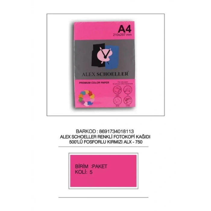 Alex A4 Fosforlu Kırmızı Fotokopi Kağıdı 500 Lü Alx-750