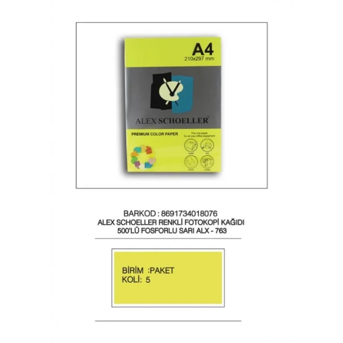 ALEX A4 FOSFORLU SARI FOTOKOPİ .KAĞIDI 500 LÜ ALX-763