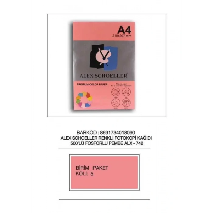 Alex Schoeller  Fotokopi Kağıdı Fosforlu Pembe A4 500lü 742