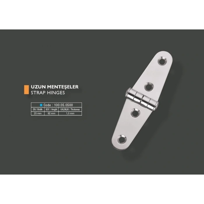 Armetal Sabit Kapak Tipi Menteşe Polisajlı 304 Kalite 25X92X1,5 Mm (Uzun Tip)