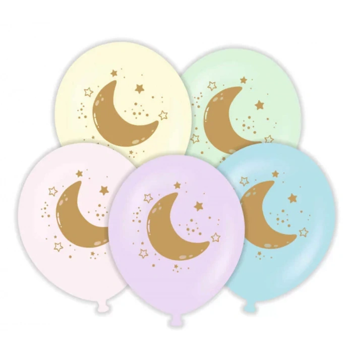 Ay Ve Yıldızl Altın Renk Baskılı 6 Lı Latex Balon