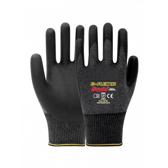 Beybi B-Flex110 Köpük Nitril Kaplı Likralı Örme Eldiven Siyah No 9