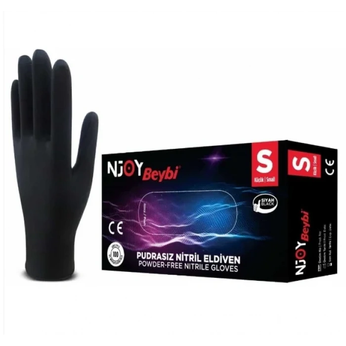 Beybi Pudrasız Siyah Nitril Medikal Muayene Eldiveni ( S ) 100 Adet