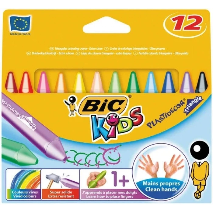 Bic Kids Plastidecor Triangle Elleri Kirletmeyen Üçgen Jumbo Mum Pastel Boya 12 Renk
