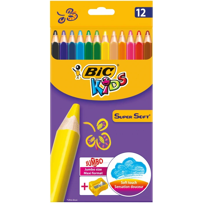 Bic Supersoft Kuru Boya 12 Renk Set + Jumbo Kalem Tıraş