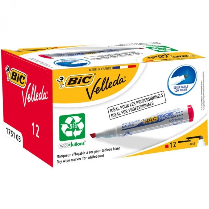 Bic Velleda 1751 Kesik Uç Beyaz Tahta Kalemi Kırmızı 12li Kutu