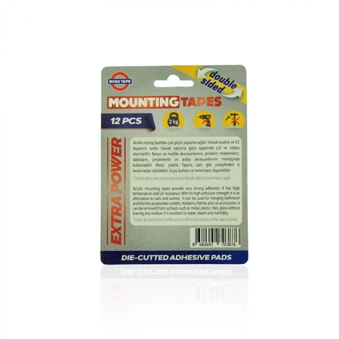 Boss Tape 3876 Çift Taraflı Ekstra Güçlü Montaj Bandı Ped 25mmx30mm 12li Blister