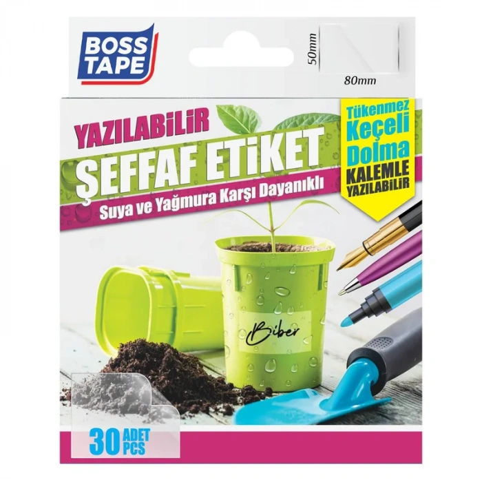 Boss Tape 6518 Suya Dayanıklı Yazılabilir Etiket Şeffaf 50x80mm 30lu