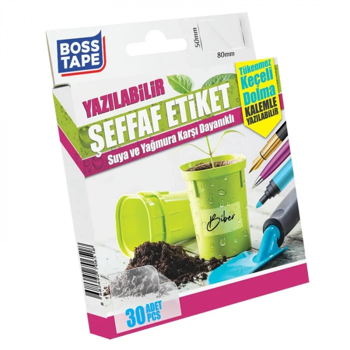 Boss Tape 6518 Suya Dayanıklı Yazılabilir Etiket Şeffaf 50x80mm 30lu