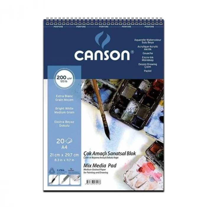 Canson Mix Media Pad Çok Amaçlı Resim Defteri 200gr A4 20yp Spiralli