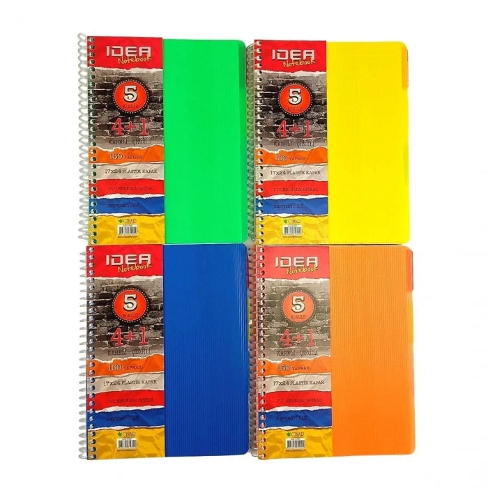 Çınar PP Kapak Spiralli Okul Defteri Idea 4+1 Separatörlü 17x24cm 150yp (4 Kareli ve 1 Çizgili)