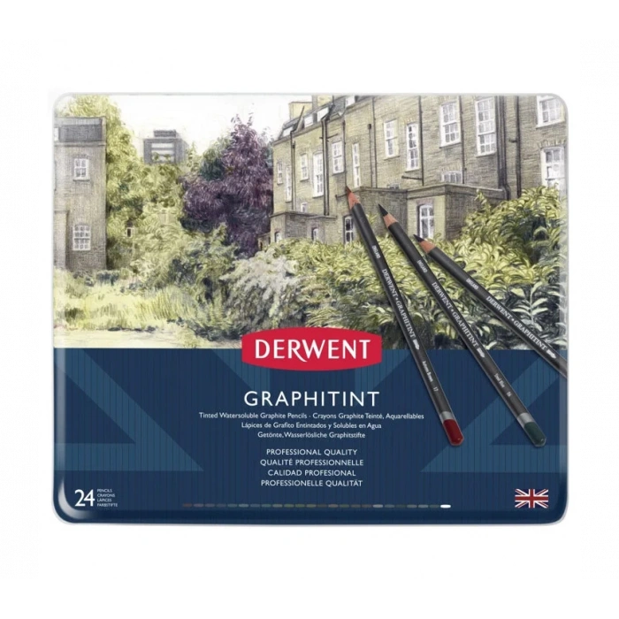 Derwent Graphitint 24 Renk Suda Çözünebilen Renkli Çizim Kalemi Seti 24 Renk Teneke Kutu
