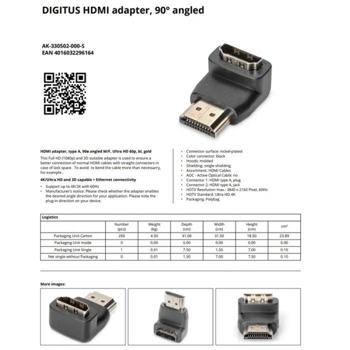 DİGİTUS AK-330502-000-S HDMİ L ADAPTÖR (ERKEK DİŞİ)