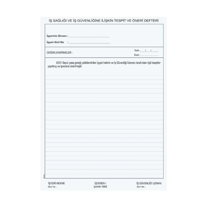 Dilman İş Sağlığı Ve Güvenlik Tespit Öneri Defteri Karton Kapak
