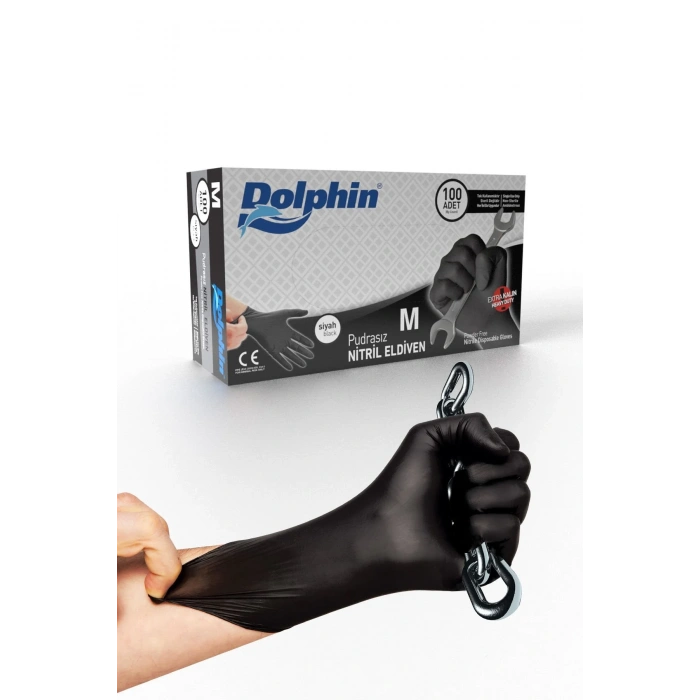 Dolphin Siyah Nitril Eldiven Pudrasız Ekstra Kalın M (1 Paket/100 Adet)