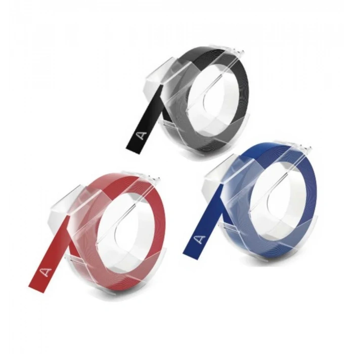 DYMO 3D Kabartma Şerit 9mm x 3mt (Siyah/Mavi/Kırmızı 3 lü Paket)