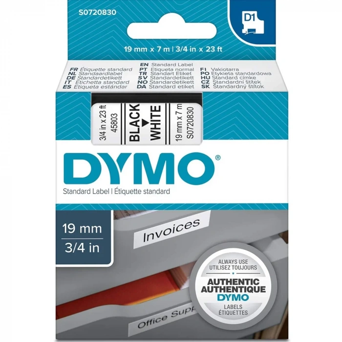 Dymo D1 Şerit Standart 19 MMx7 MT Beyaz Üzerine Siyah 45803 S0720830