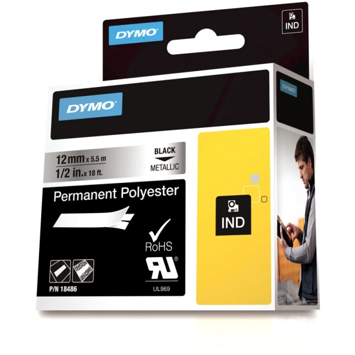 DYMO Rhino 18486 Polyester Şerit 12mmx5,5m Metalikgri/Siyah